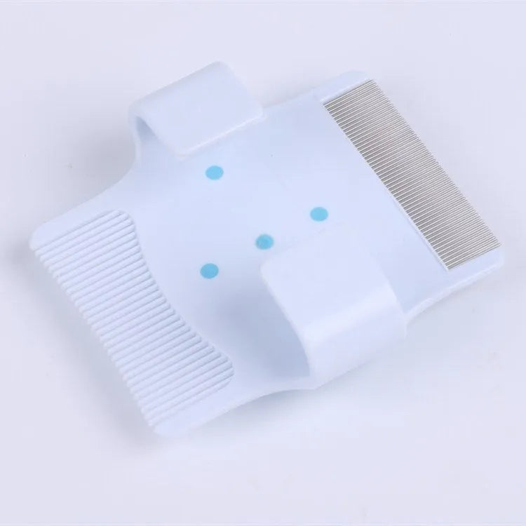 Blue and green multifunctional pet comb for dog grooming, showing compact 8.5cm size.