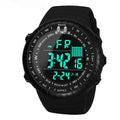 Black men's waterproof electronic watch with large dial and adjustable PU strap showing water resistance to 50 metres