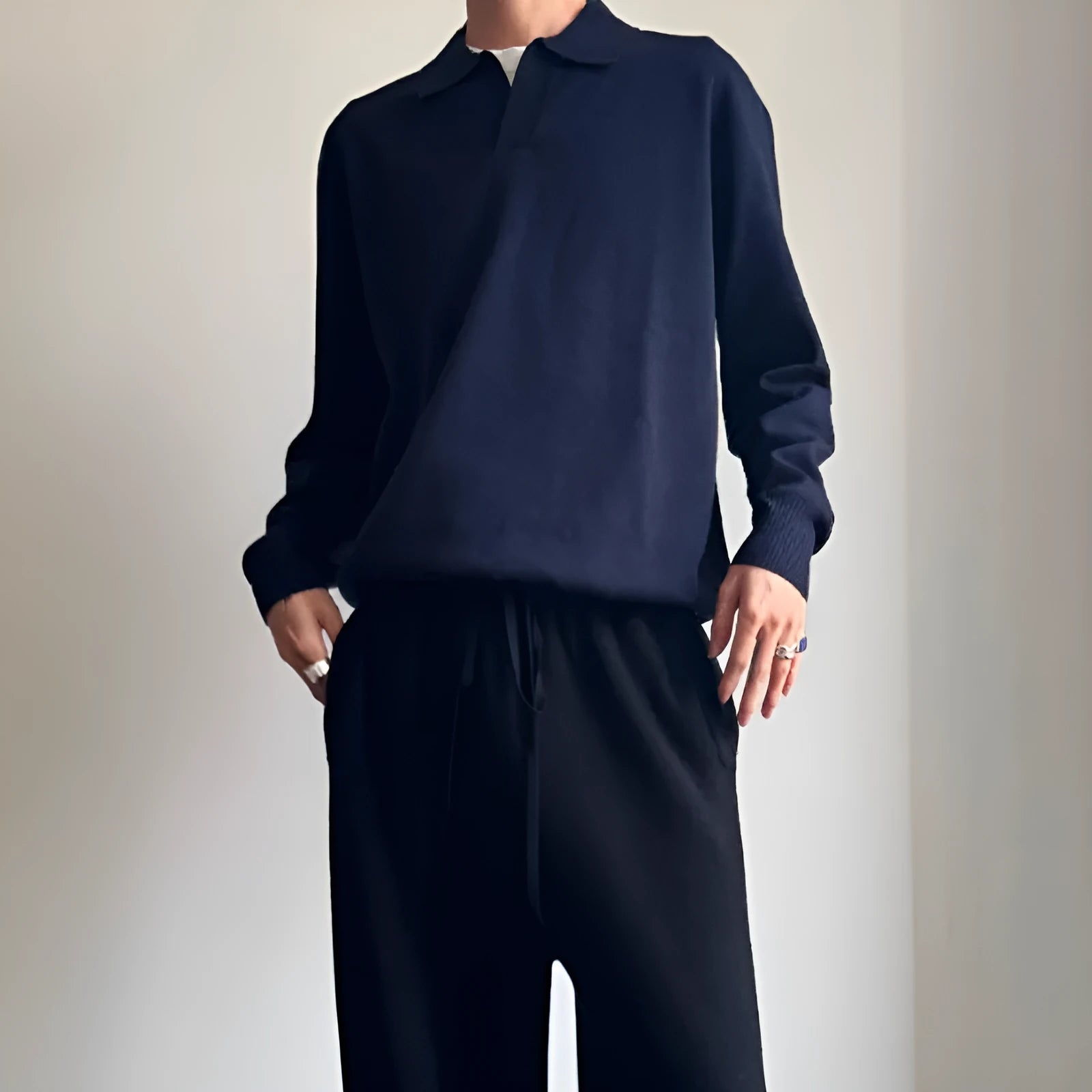 Men's pure wool polo sweater with lapel collar in loose fit, available in navy blue and milky white