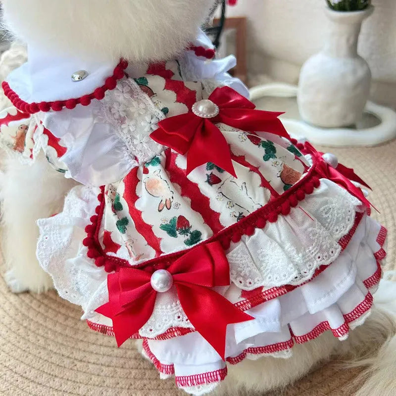 Rabbit skirt princess style dog dress on a small dog, showing the polyester fabric and skirt design.