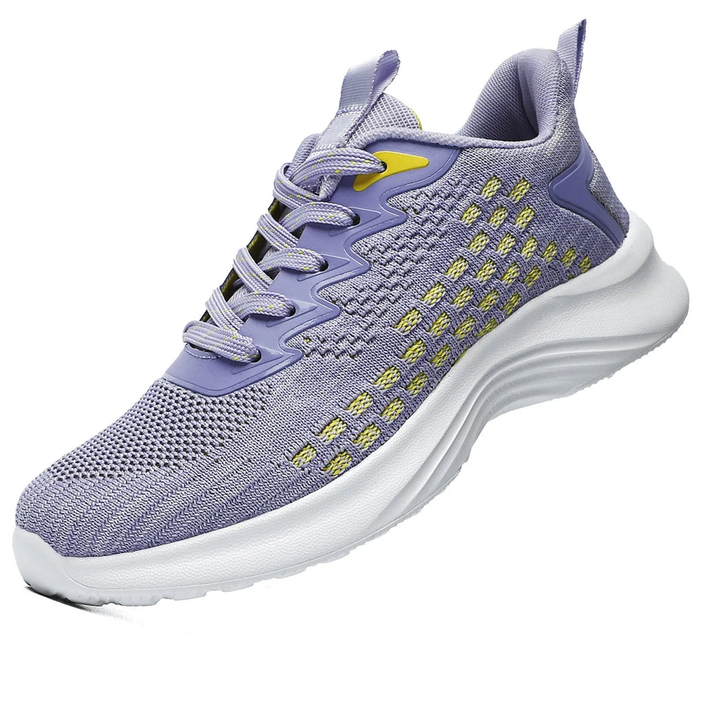 Women's lavender purple Flyknit mesh running shoes with striped pattern and EVA sole
