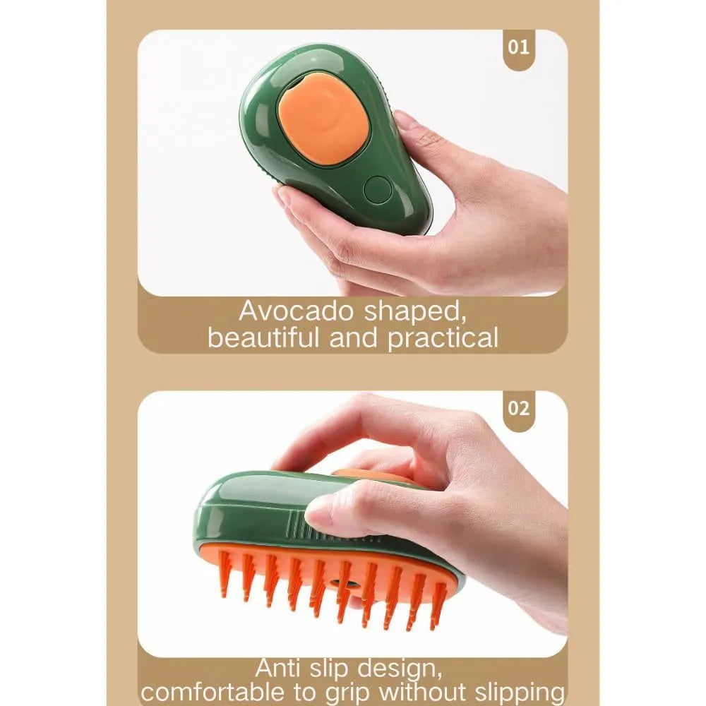Green and white rechargeable cat steam brush with silicone bristles and water spray nozzle.