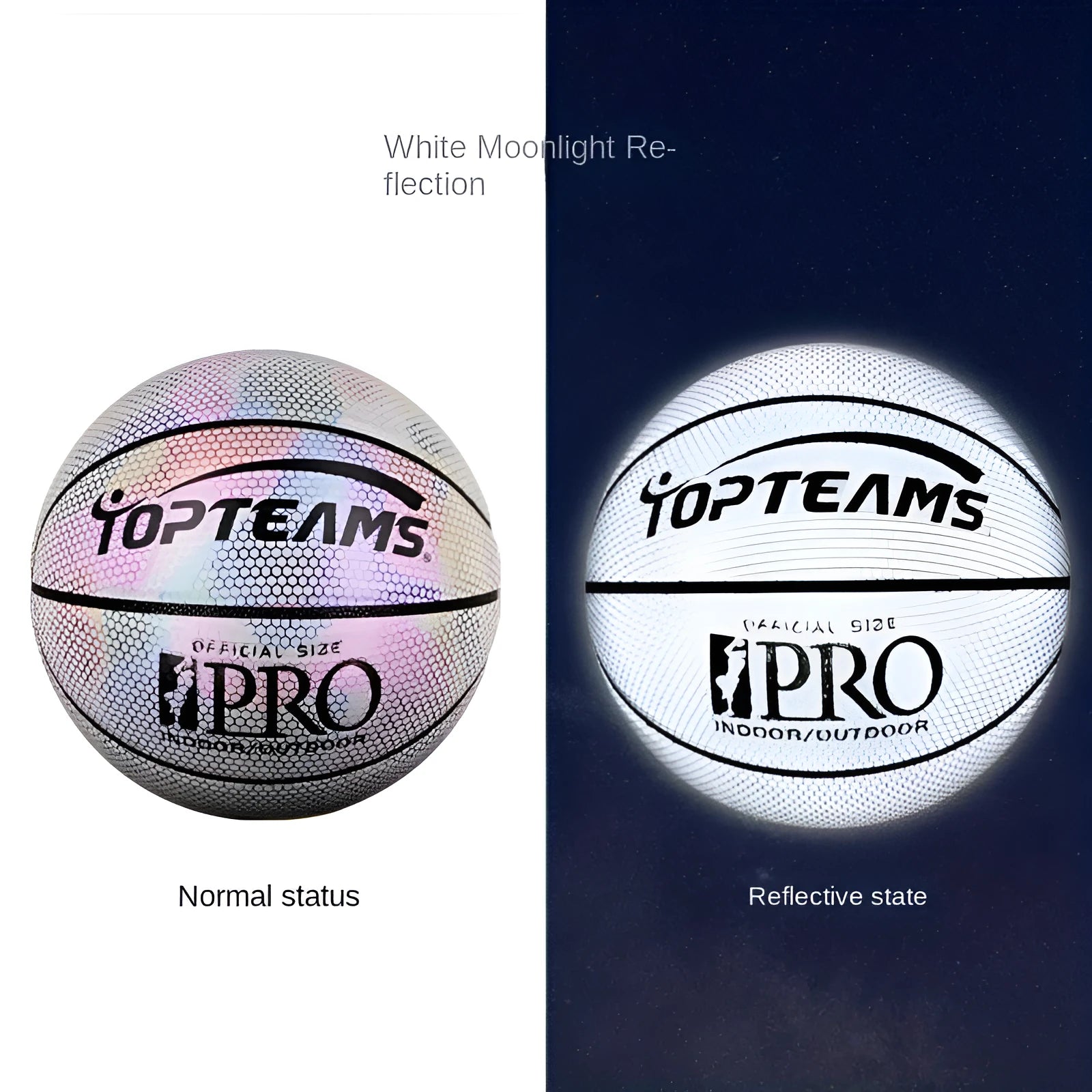 Holographic luminous reflective PU basketball No. 7 with fluorescent glow in chroma colour