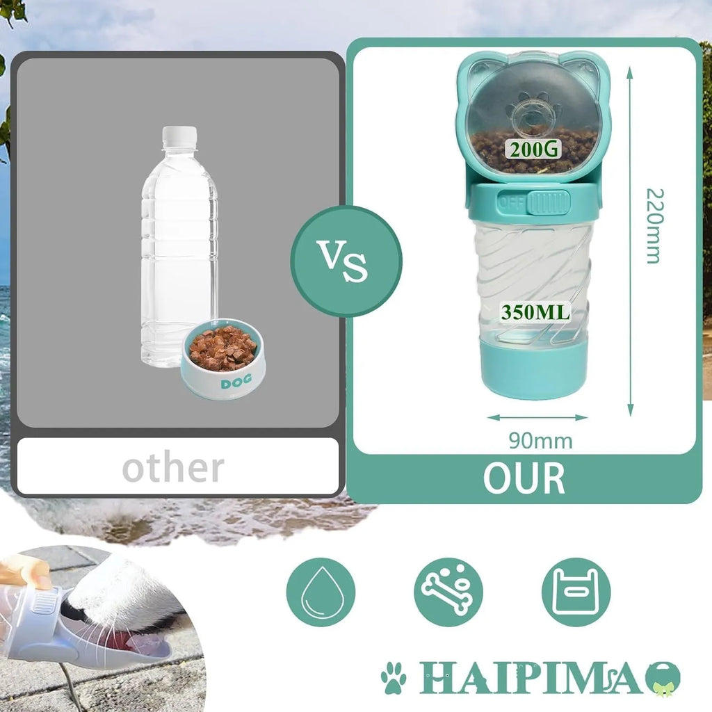 Green, pink, or white 3-in-1 portable pet water bottle with food container and waste bag dispenser.