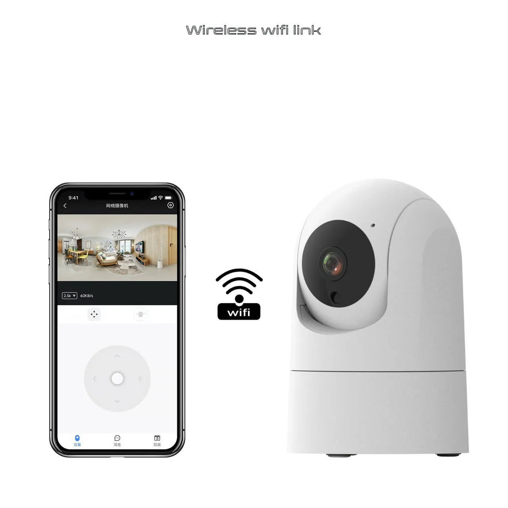 Compact white indoor smart security camera on a stand with a visible lens.