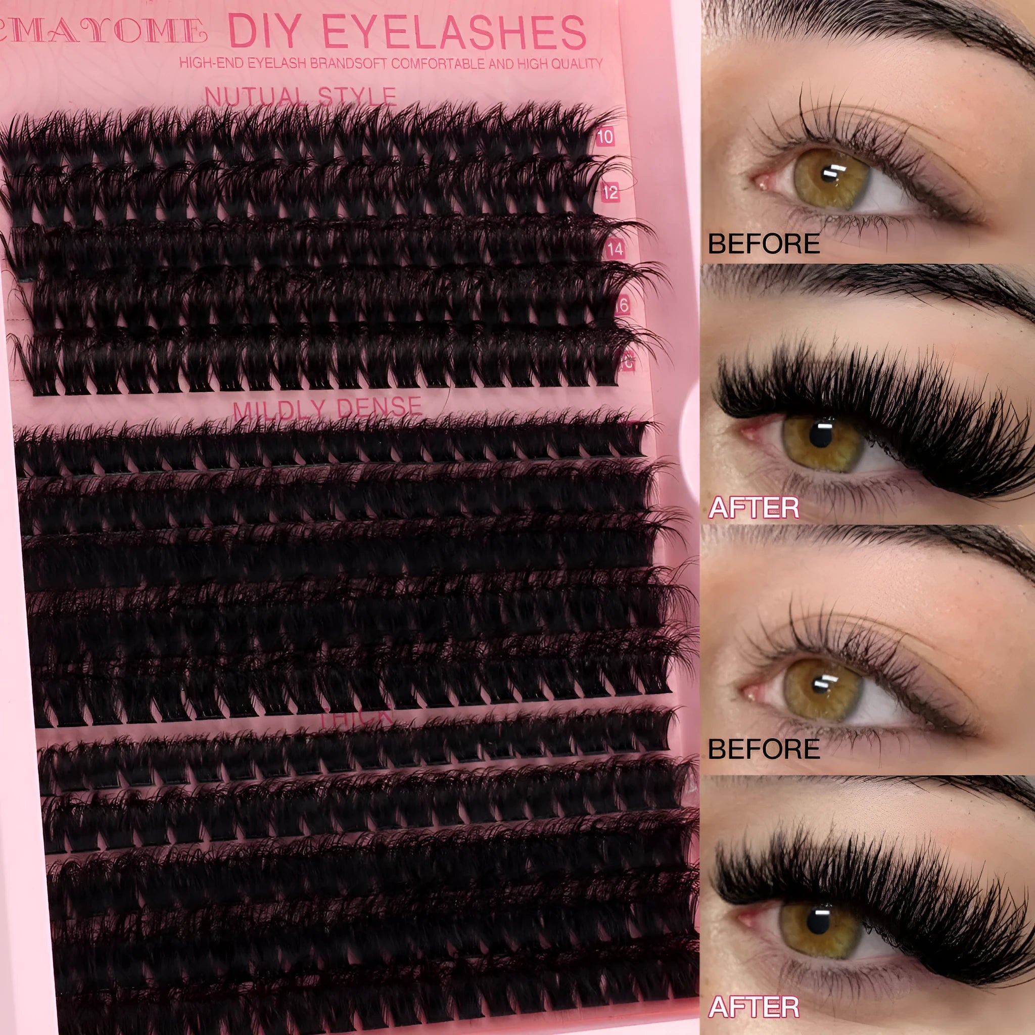 DIY false eyelash extension set showing individual clusters and application tweezers for custom lash looks