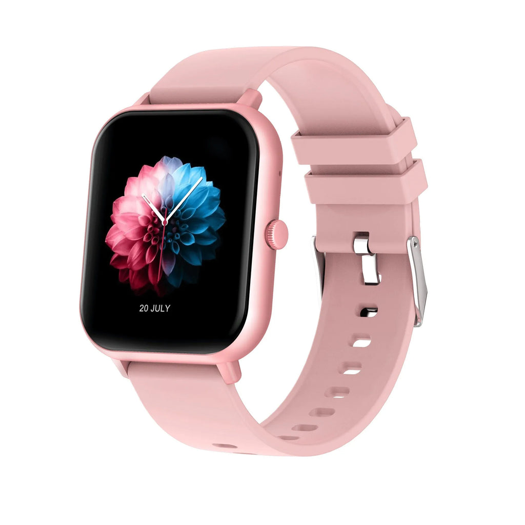 Black Bluetooth smart watch with touch screen displaying heart rate and step count data.