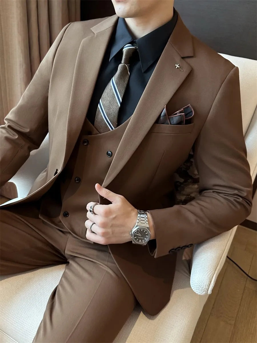 Men's slim fit formal suit jacket in dark green, shown on a model, featuring a notched lapel and button front.