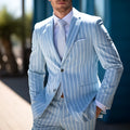 Men's blue casual blazer with white buttons and straight hem design
