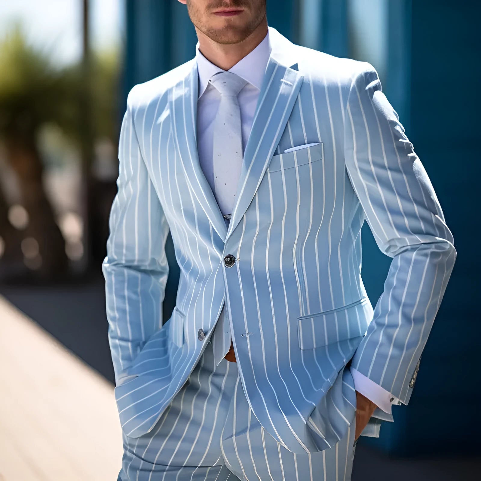 Men's blue casual blazer with white buttons and straight hem design