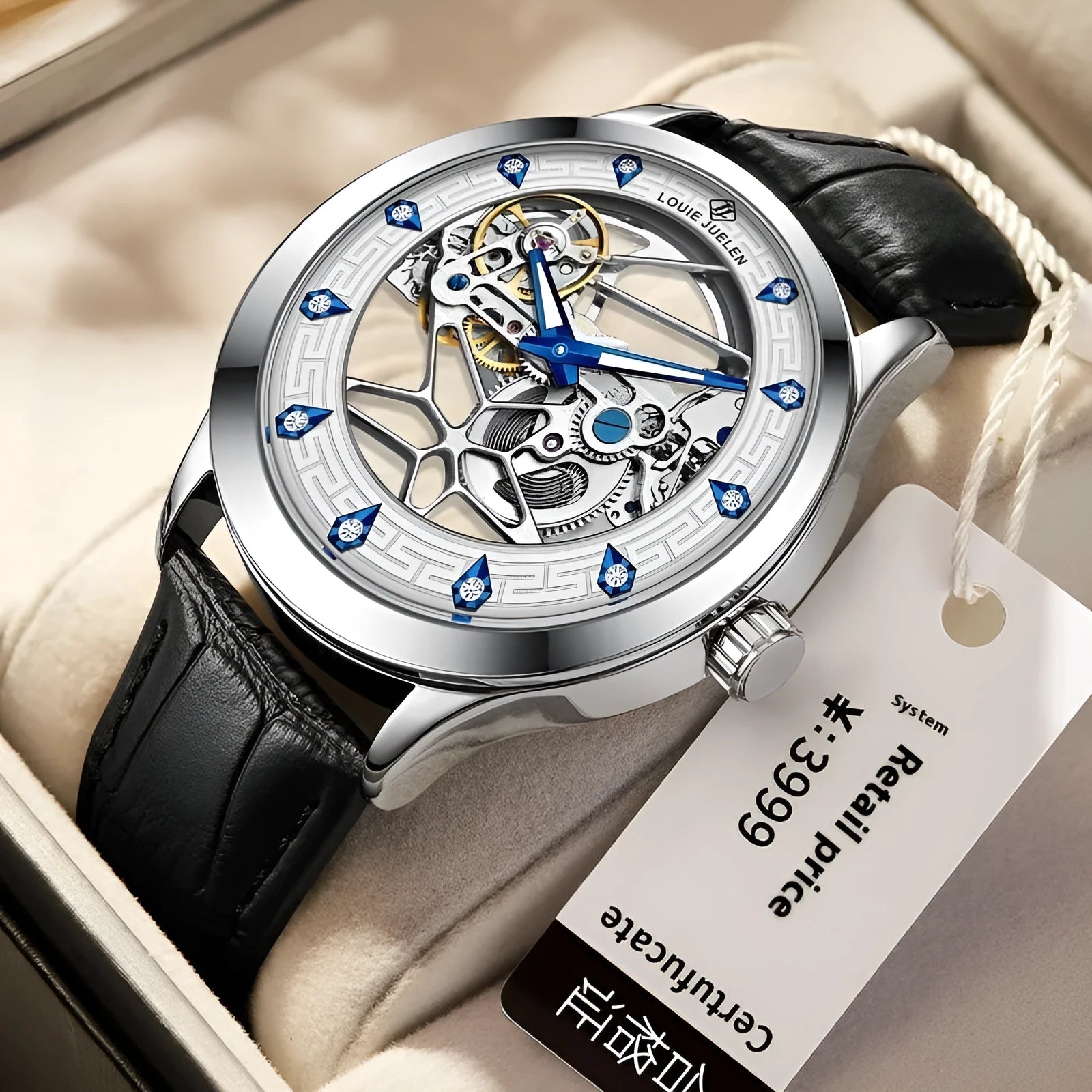 Men's silver stainless steel mechanical watch with white dial, blue luminous hands, and black leather strap