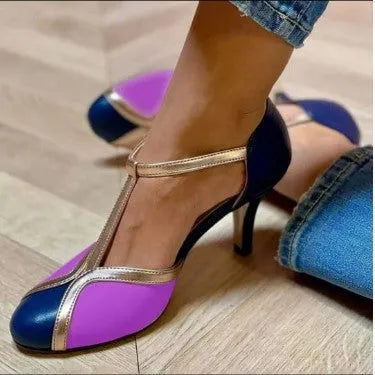 Women's round toe high heel shoes with button fastening in blue light pink, size 38
