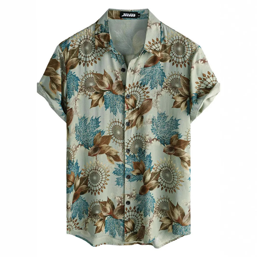 Hawaiian floral print short sleeve shirt with lapel collar in four-sided elastic polyester fabric