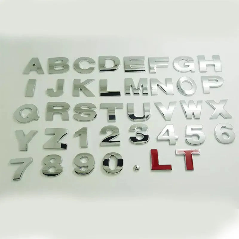 3D metal car letter stickers in zinc alloy showing raised alphabet letters for vehicle customisation