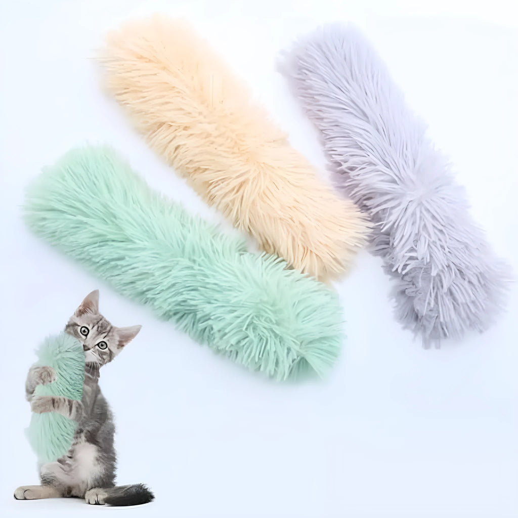 Plush cat pillows in various colours with natural catnip filling and crinkle sound features for interactive cat play