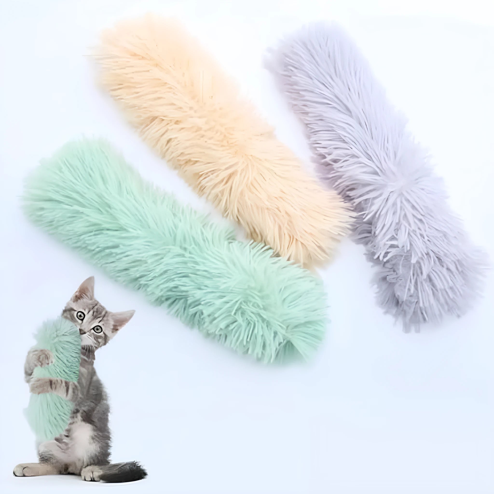 Plush cat pillows in various colours with natural catnip filling and crinkle sound features for interactive cat play