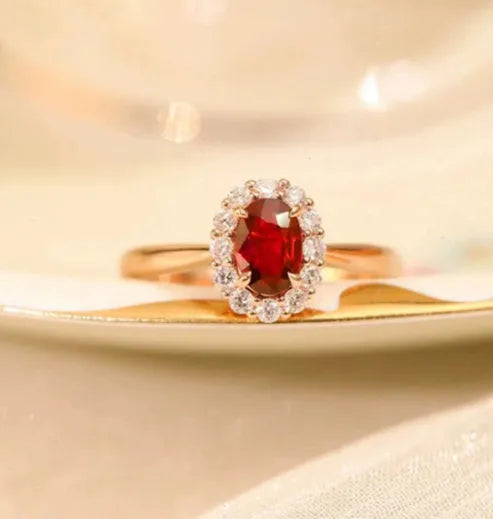Gold Pigeon silver plated ring with red blood gemstone inlay and floral pattern design