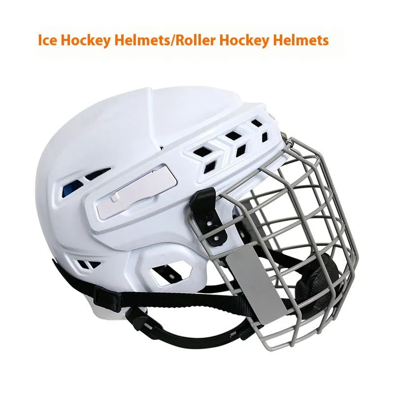 Ice hockey helmet with a carbon steel face cage, shown in sizes S, M, L, XL for head protection.