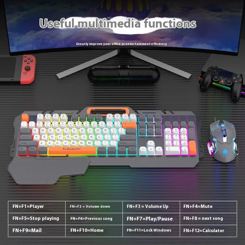 Blue wired gaming keyboard and mouse set with backlit keys on black background