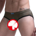 Men's ice silk briefs in army green colour showing mid waist design and bullet separation pouch.