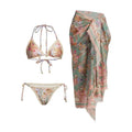 Women's creamy white floral bikini set with briefs and skirt on nylon fabric