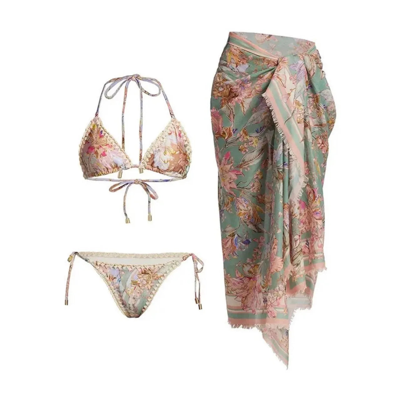 Women's creamy white floral bikini set with briefs and skirt on nylon fabric