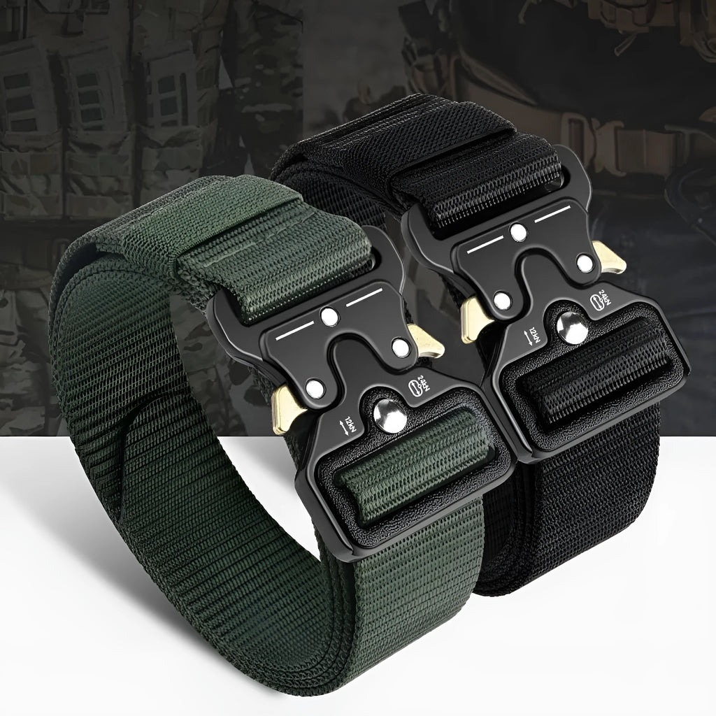 Men's thick canvas tactical belt with alloy release buckle shown in Army Green colour