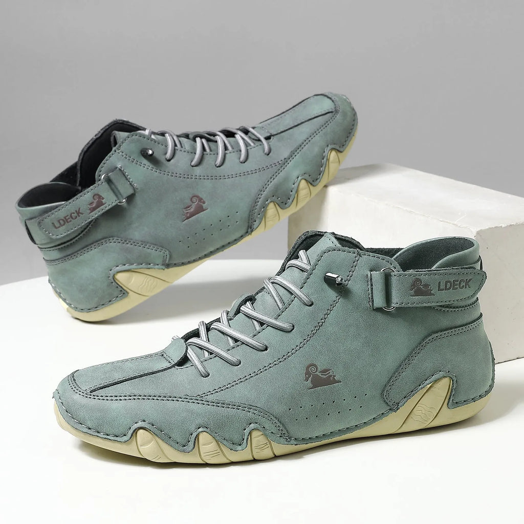 Men's Octopus brand high top shoes in khaki, grey, black, or green with a round toe and flat rubber sole.