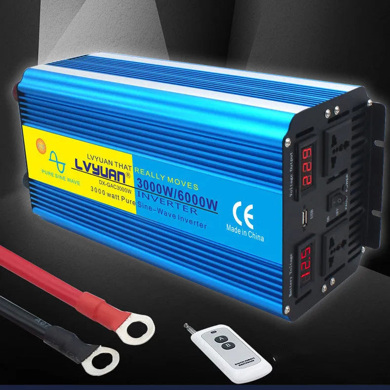3000W 6000W pure sine wave inverter with dual digital display in blue casing, remote control, and British socket