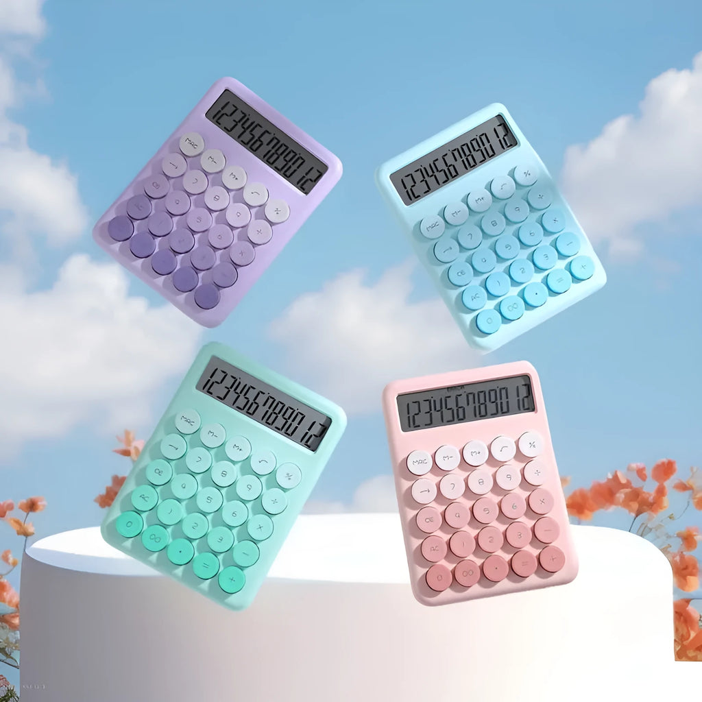 Gradient colour desk calculator in violet, cherry blossom powder, glacier blue, and mint green options