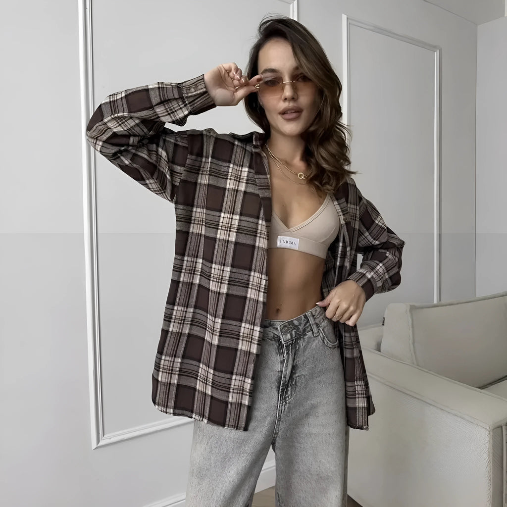 Dark brown retro striped women's long sleeve shirt made from cotton, shown with and without a chest pocket.