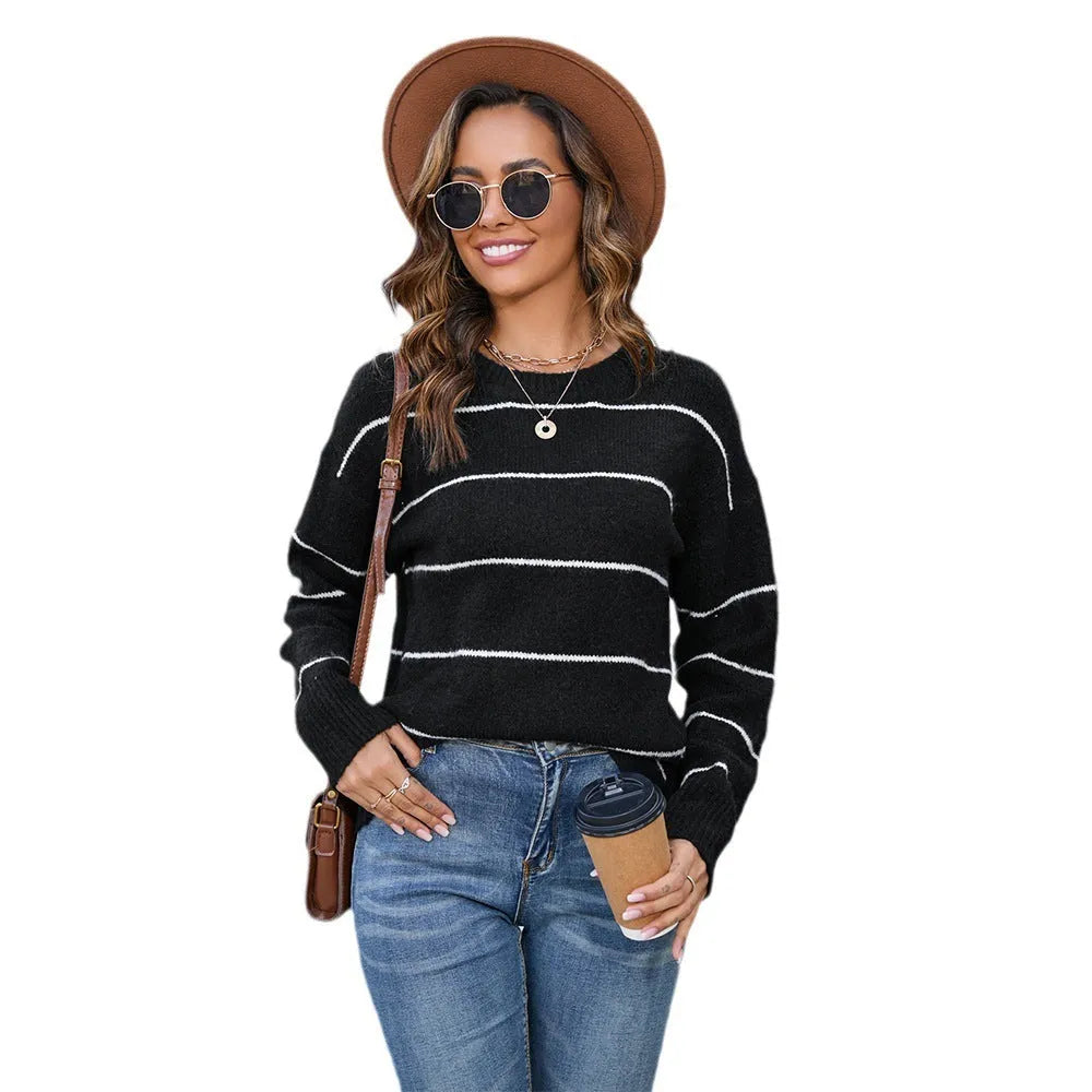 Women's striped pullover sweater loose fit street fashion black white