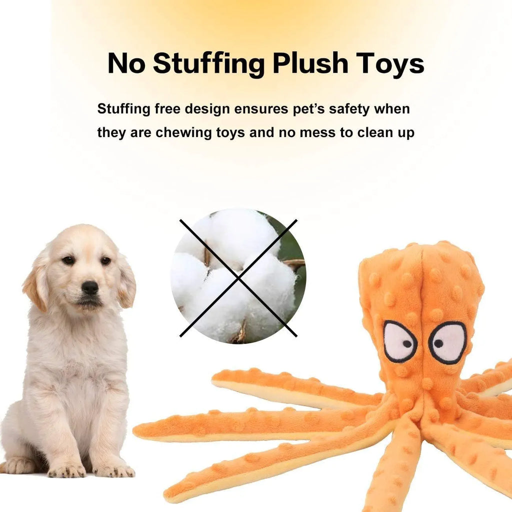Blue dog squeaky toy octopus no stuffing crinkle plush on white background