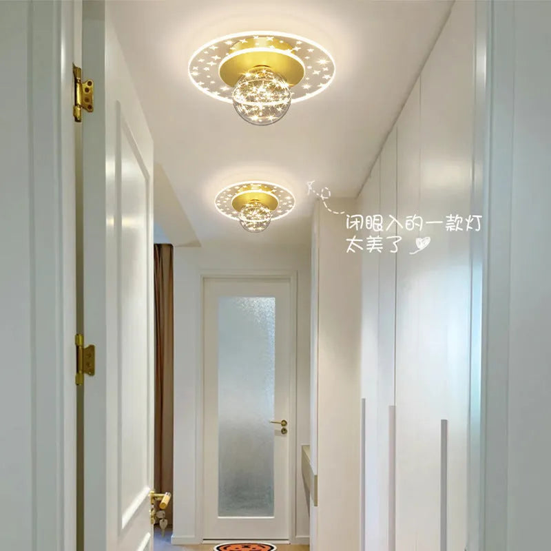 Modern simplicity LED ceiling lamp with three colour modes, available in gold finish, installed in a hallway