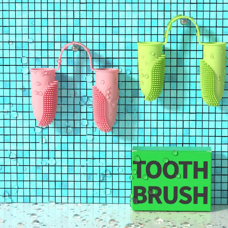 Pet double finger toothbrush in TPR material pink blue green grass yellow for teeth cleaning and gum care