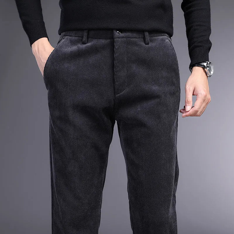 British retro striped straight leg trousers for men, available in khaki colour, showing side view