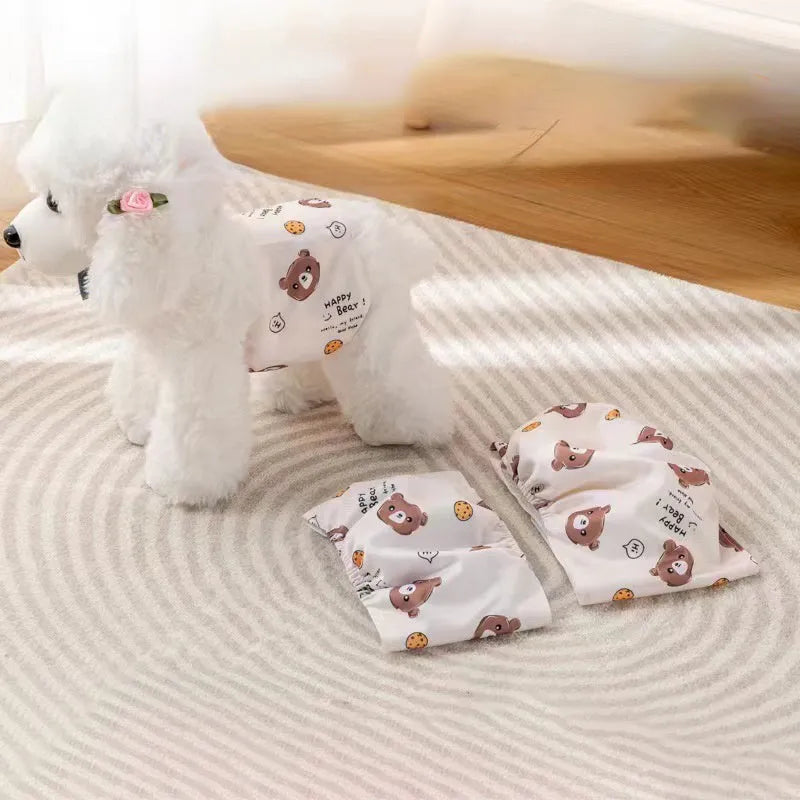 Reusable dog sanitary pant in cartoon print with fastener tape and elastic waistband for male dogs