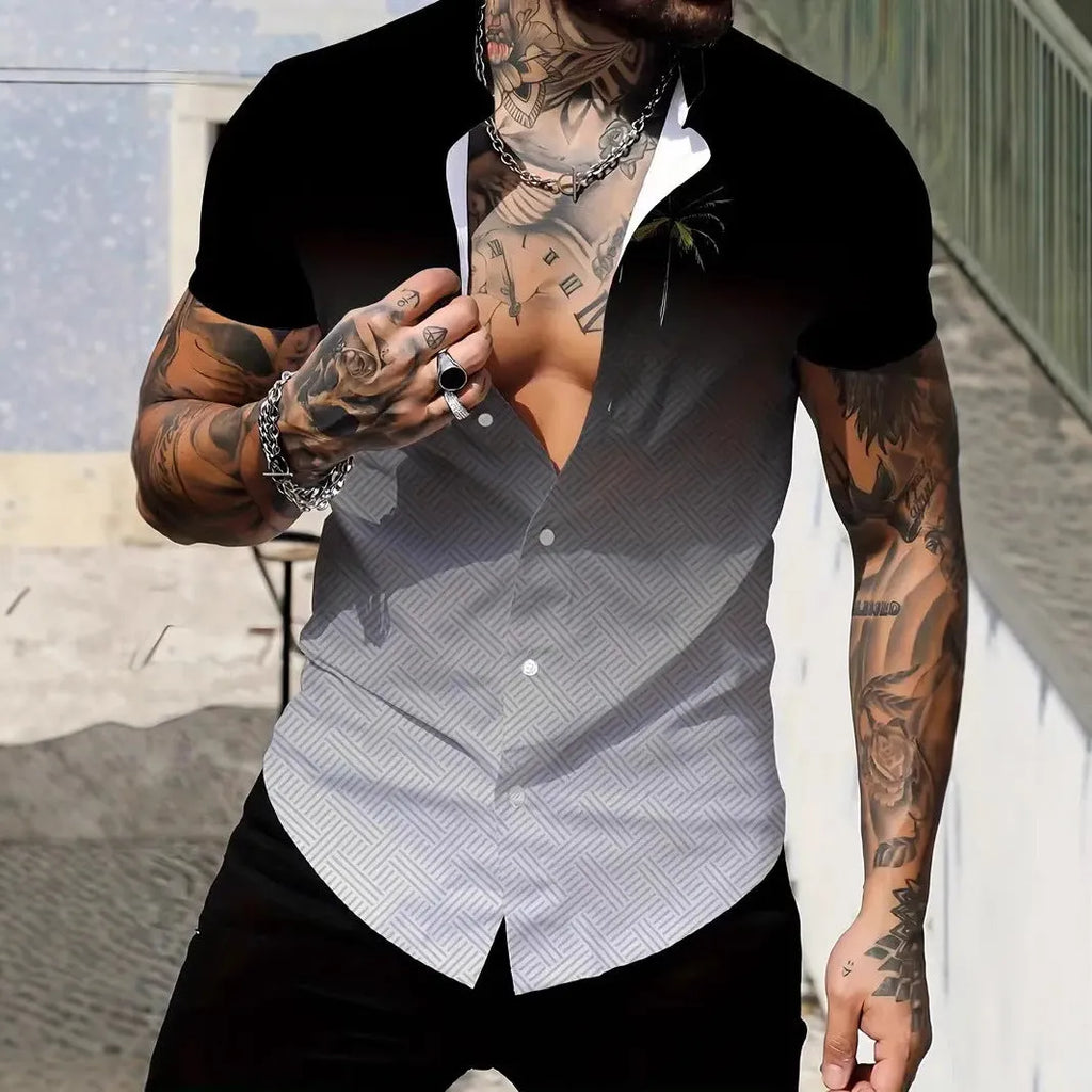 Men's geometric line pattern printed short sleeve shirt with lapel collar in slim fit style
