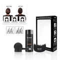 Boxed three-piece dense hair fibre powder set with applicator comb and spray, shown in multiple colour options.