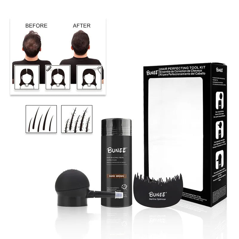 Boxed three-piece dense hair fibre powder set with applicator comb and spray, shown in multiple colour options.