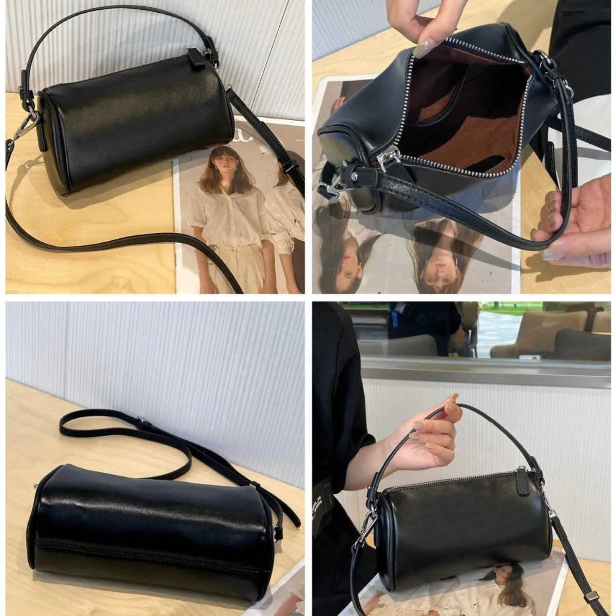 Genuine leather cylindrical crossbody phone bag in multiple colours with an adjustable strap.