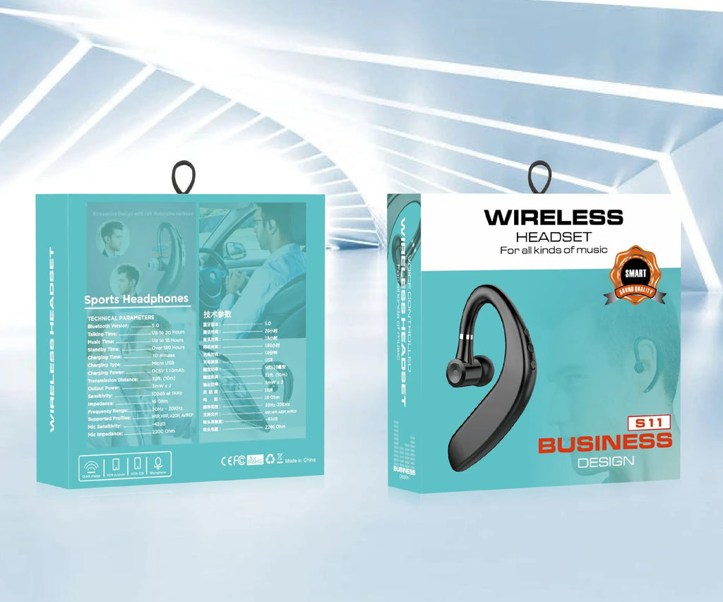 Single-ear Bluetooth headset in black or blue with rotatable earpiece and microphone