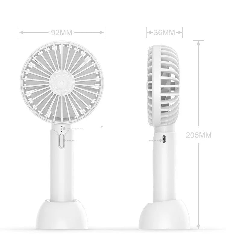 Blue handheld mini USB electric fan with three speed controls and oscillating head