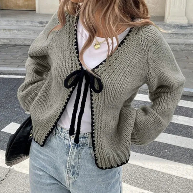 Lace-up cardigan in grey with crocheted flowers, loose fit, long sleeves, polyester fabric