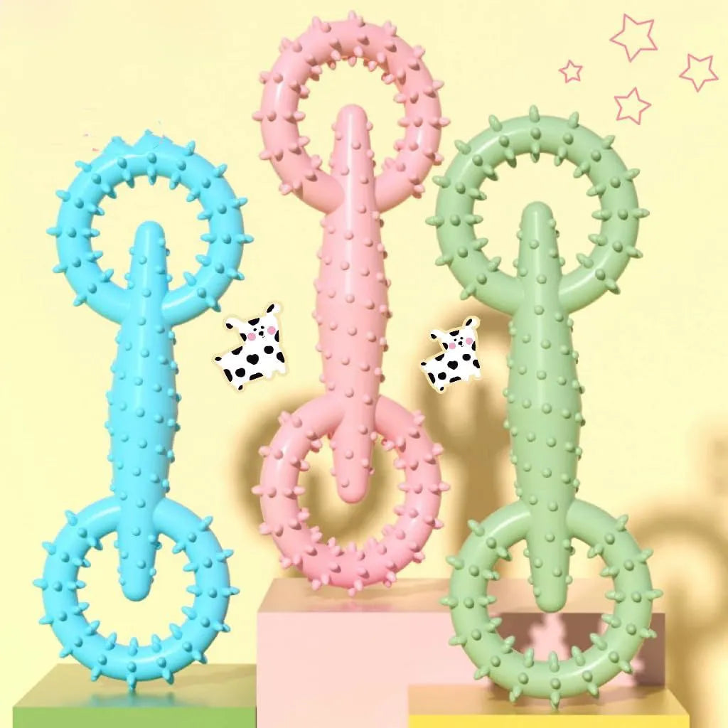 TPR rubber dog chew toy ring in blue, green, or pink colours, 16cm diameter chew toy