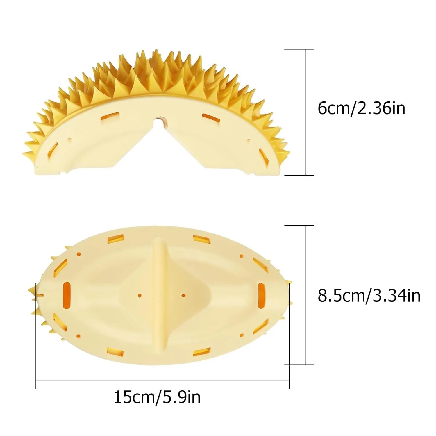Yellow durian-shaped cat corner scratcher and massage brush mounted on a wall.