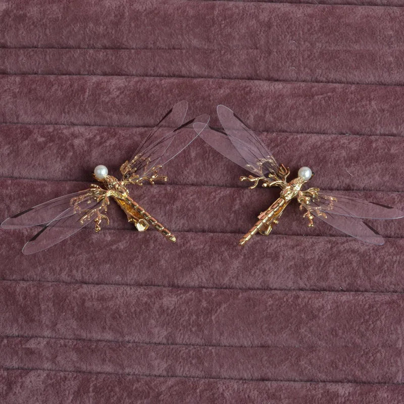 European golden dragonfly side clip headdress in gold-tone alloy with electroplated finish for women