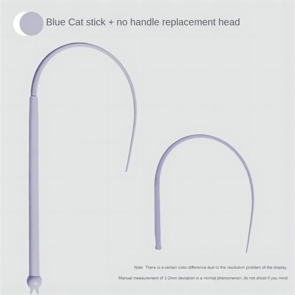 Blue silicone mouse tail cat toy stick measuring 80cm long with cat head design