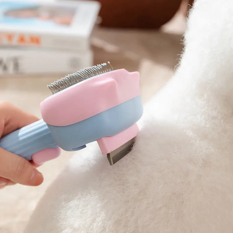 Red double-sided pet grooming brush with de-shedding rake and de-matting comb on a white background