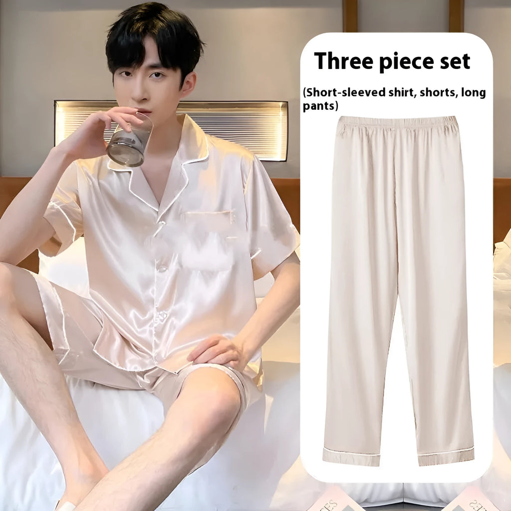 Men's ice silk three-piece home wear suit in a colour, showing top, shorts, and trousers laid flat.